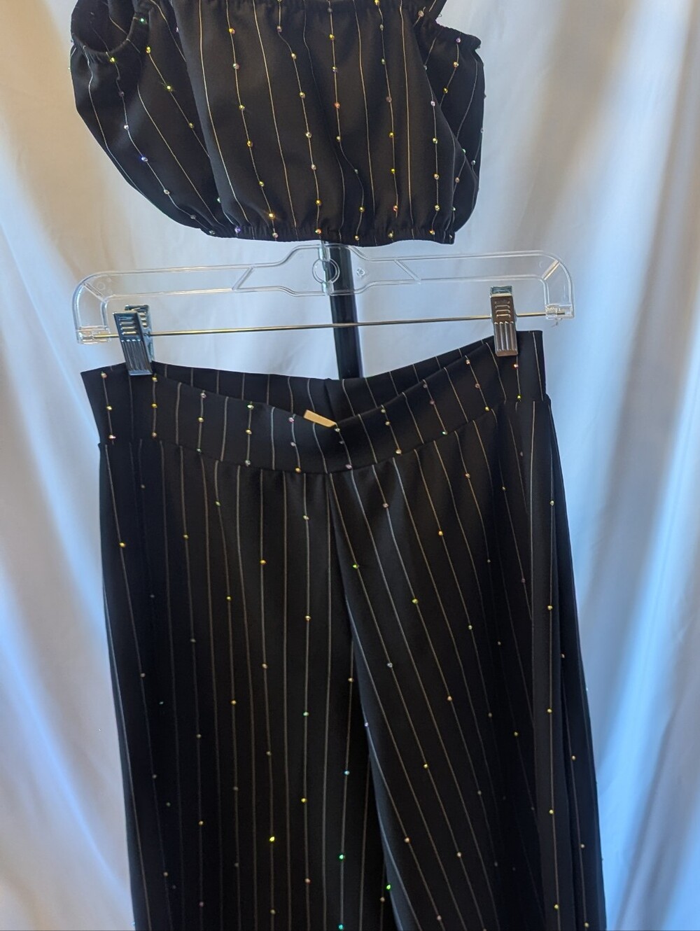Dance Costume - Black Embellished Wide-Leg Pants And Crop Top
